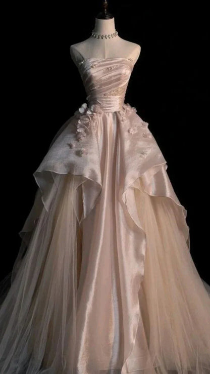 Sweet Pink A-line Tulle Satin  Long Prom Dresses Strapless Applique Wedding Dresses