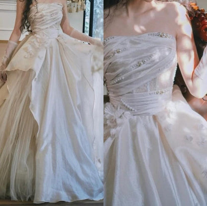 Sweet Pink A-line Tulle Satin  Long Prom Dresses Strapless Applique Wedding Dresses