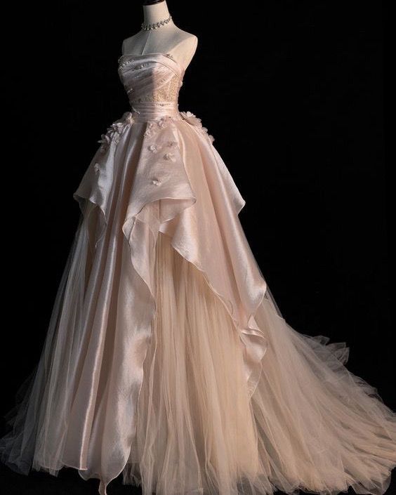 Sweet Pink A-line Tulle Satin  Long Prom Dresses Strapless Applique Wedding Dresses
