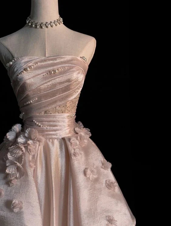 Sweet Pink A-line Tulle Satin  Long Prom Dresses Strapless Applique Wedding Dresses