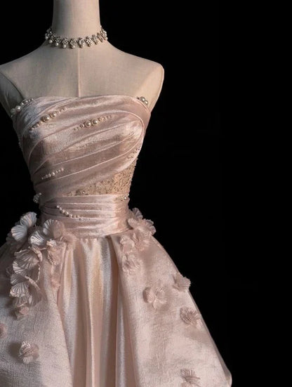 Sweet Pink A-line Tulle Satin  Long Prom Dresses Strapless Applique Wedding Dresses