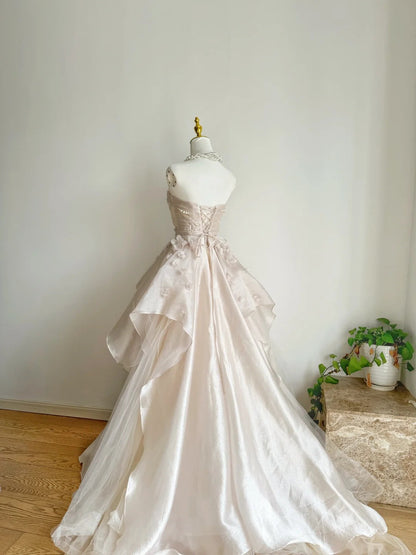 Sweet Pink A-line Tulle Satin  Long Prom Dresses Strapless Applique Wedding Dresses