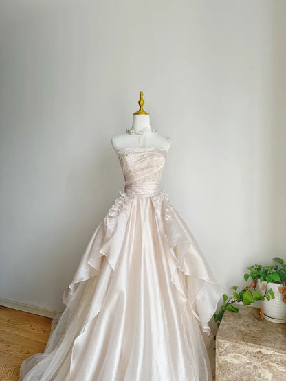 Sweet Pink A-line Tulle Satin  Long Prom Dresses Strapless Applique Wedding Dresses