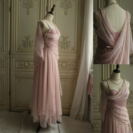 Affordable Prom Dresses Under $180||Lovely Pink 🩷Chiffon  Prom Dress Princess Pearls Spaghetti Straps Evening Dresses