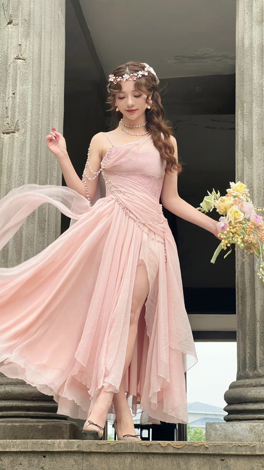 Affordable Prom Dresses Under $180||Lovely Pink 🩷Chiffon  Prom Dress Princess Pearls Spaghetti Straps Evening Dresses