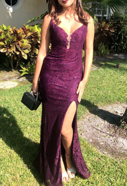 Elegant  Mermaid Formal Dresses Under $170 Charming Grape Spaghetti Straps Applique Long Backless Prom Dress With Slit