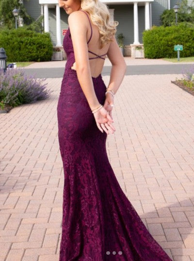 Elegant  Mermaid Formal Dresses Under $170 Charming Grape Spaghetti Straps Applique Long Backless Prom Dress With Slit