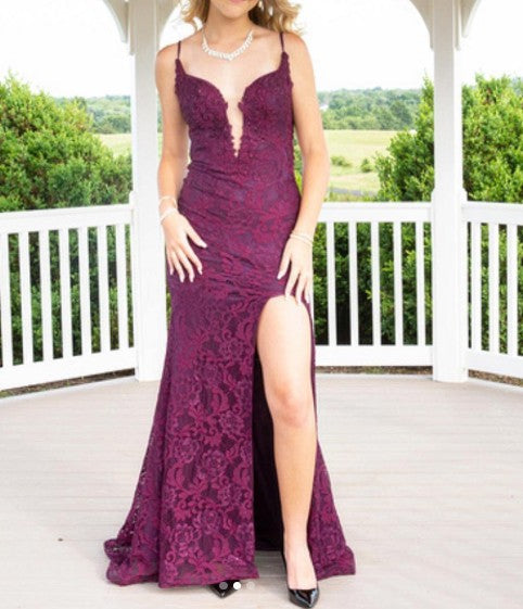 Elegant  Mermaid Formal Dresses Under $170 Charming Grape Spaghetti Straps Applique Long Backless Prom Dress With Slit