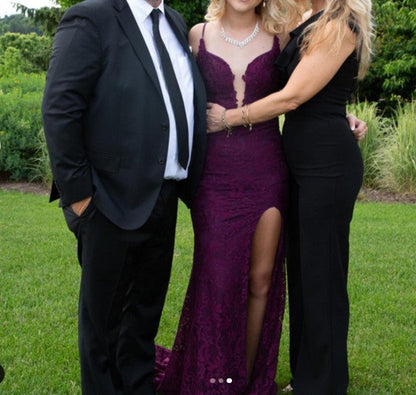 Elegant  Mermaid Formal Dresses Under $170 Charming Grape Spaghetti Straps Applique Long Backless Prom Dress With Slit