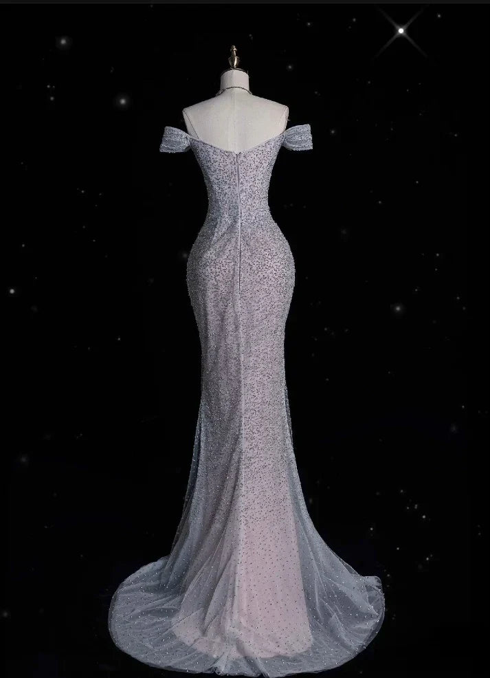 Mermaid Gown Off The Shoulder Tulle Sequins Long Prom Dress for Formal Events &Quinceanera 