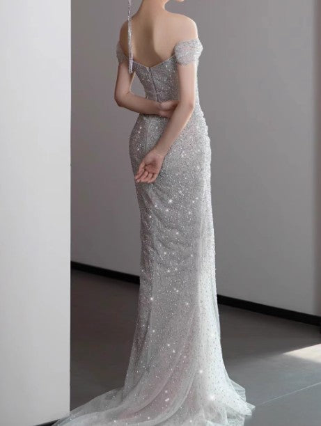 Mermaid Gown Off The Shoulder Tulle Sequins Long Prom Dress for Formal Events &Quinceanera 
