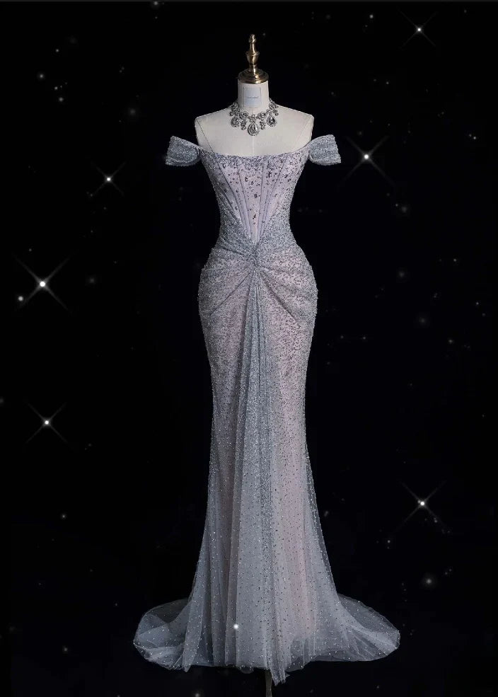 Mermaid Gown Off The Shoulder Tulle Sequins Long Prom Dress for Formal Events &Quinceanera 