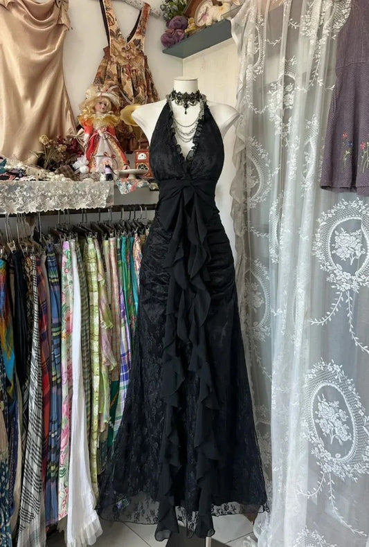 Enchanted Black A-Line  Ball Gown 💫Chiffon&Tulle Princess Halter  Open Back Design for Galas & Formal Events 