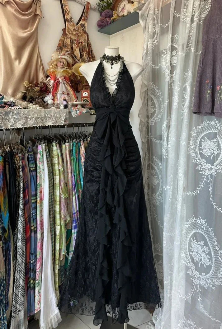 Enchanted Black A-Line  Ball Gown 💫Chiffon&Tulle Princess Halter  Open Back Design for Galas & Formal Events 