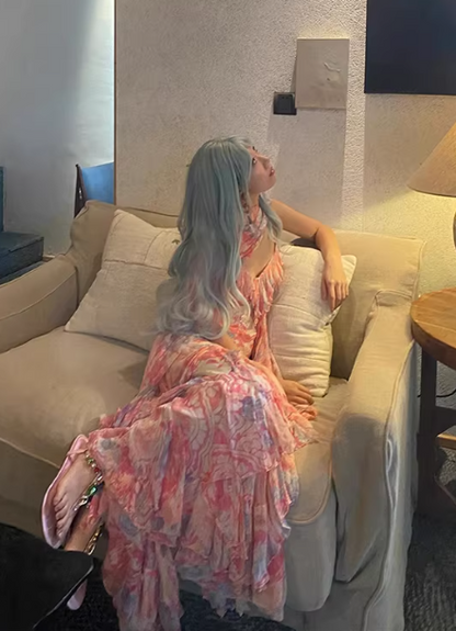 Vintage Pink Spaghetti Strap Mermaid Party Dresses  Fairytale Chiffon Beaded Long Prom Dresses