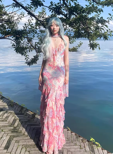 Vintage Pink Spaghetti Strap Mermaid Party Dresses  Fairytale Chiffon Beaded Long Prom Dresses