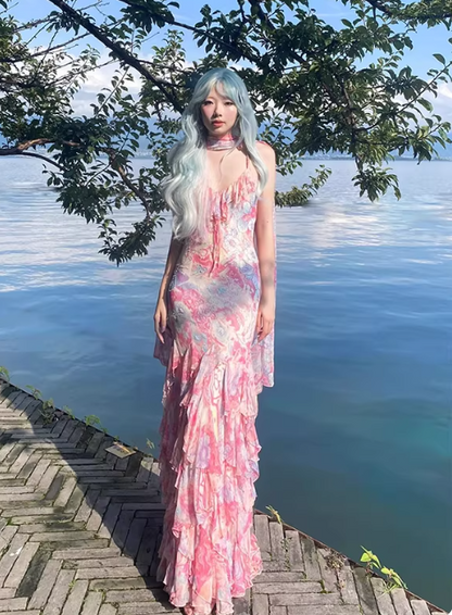 Vintage Pink Spaghetti Strap Mermaid Party Dresses  Fairytale Chiffon Beaded Long Prom Dresses