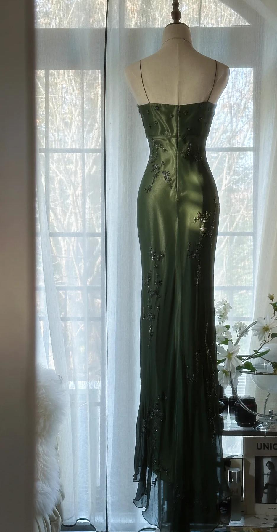 Vintage Forest Green Spaghetti Straps Long Prom Dresses Glitter Chiffon Beaded Elegant Party Dresses
