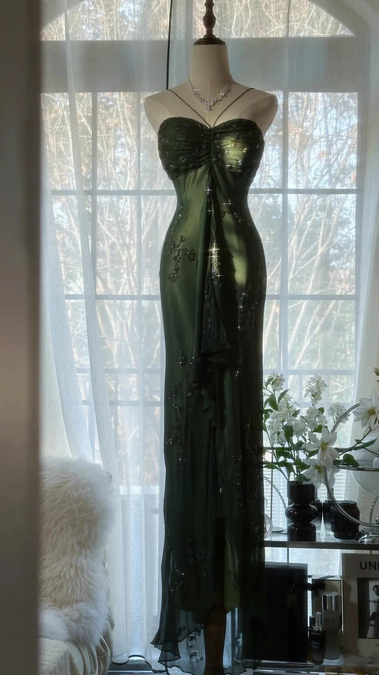 Vintage Forest Green Spaghetti Straps Long Prom Dresses Glitter Chiffon Beaded Elegant Party Dresses