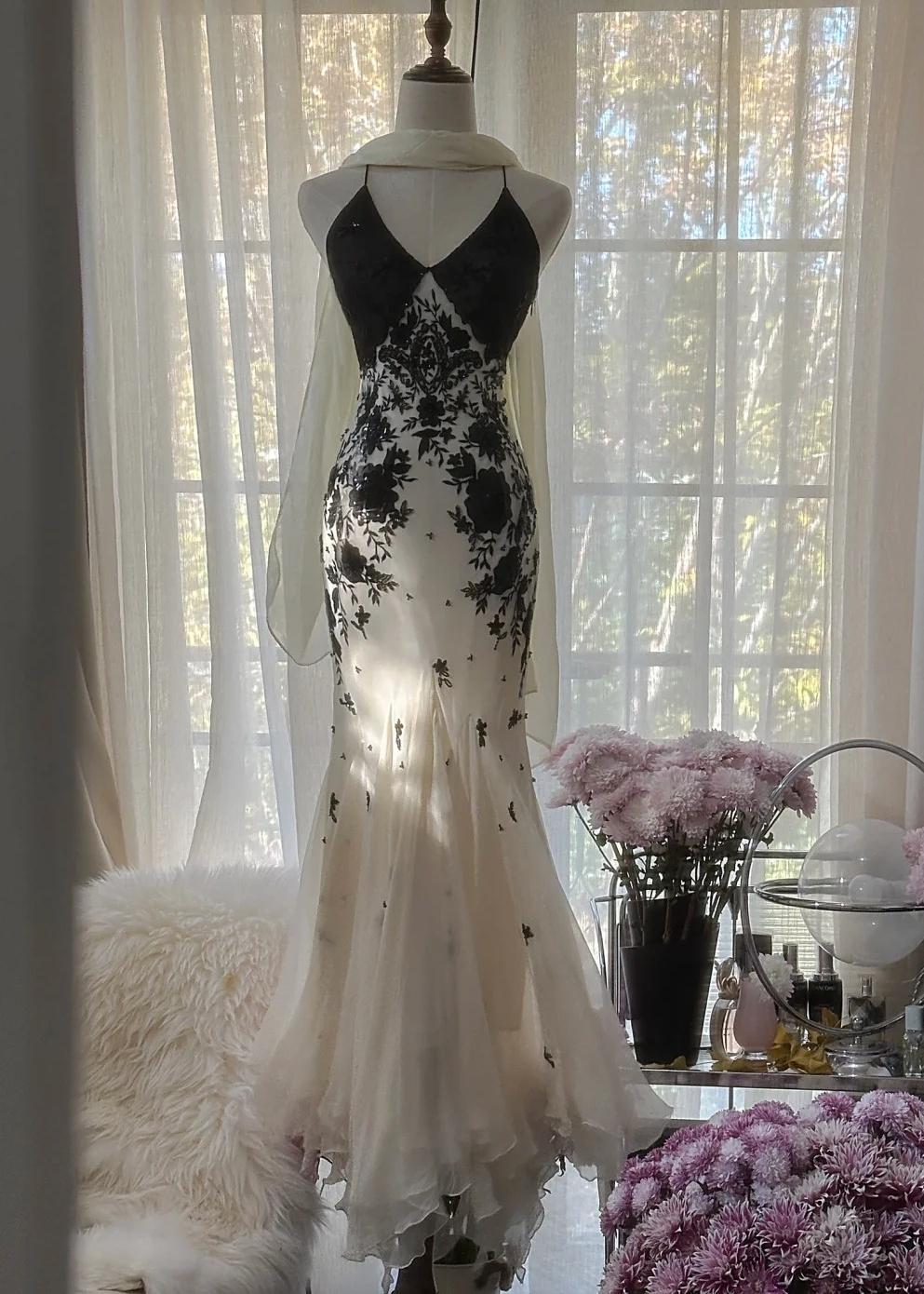 Mermaid Spaghetti Strap Chiffon Applique Long Prom Dresses Temperament Party Dresses 