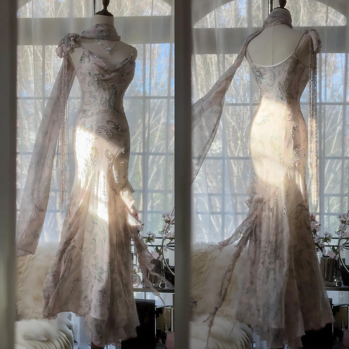 Fairytale Pink Spaghetti Straps Mermaid Evening Gowns Vintage Elegant Beaded Silk Long Prom Dress Guest Dresses