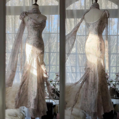 Fairytale Pink Spaghetti Straps Mermaid Evening Gowns Vintage Elegant Beaded Silk Long Prom Dress Guest Dresses