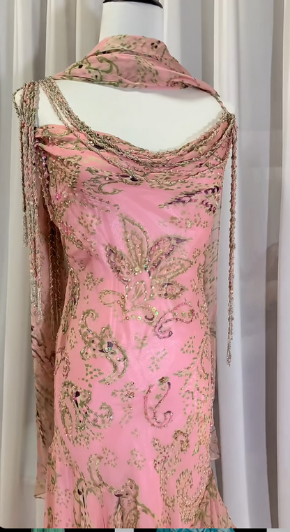 Fairytale Pink Spaghetti Straps Mermaid Evening Gowns Vintage Elegant Beaded Silk Long Prom Dress Guest Dresses