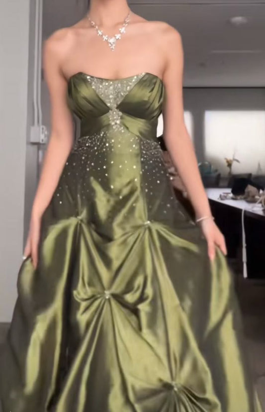 Pretty Forest Green A-Line Strapless Satin Prom Dresses With Silver Beads -Sweet Princess Style Evening Dress for Birthday&Graduation