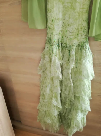 Fairytale Green Mermaid Vintage Party Dresses Sweetheart Chiffon Beaded Layed  Prom Dresses