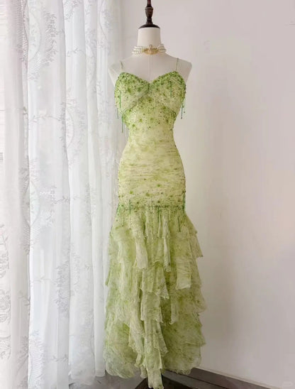 Fairytale Green Mermaid Vintage Party Dresses Sweetheart Chiffon Beaded Layed  Prom Dresses