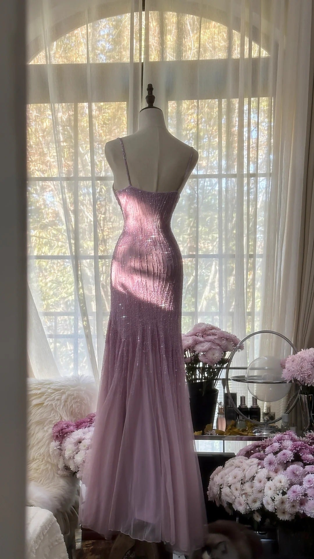 Sparkly  Spaghetti StrapsPurple Mermaid  Wedding Guest Dresses Beaded  Tulle Chiffon  Long Prom Dresses