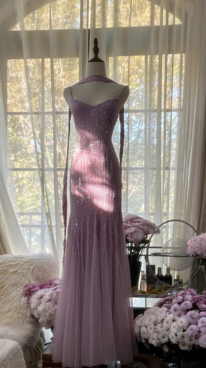 Sparkly  Spaghetti StrapsPurple Mermaid  Wedding Guest Dresses Beaded  Tulle Chiffon  Long Prom Dresses