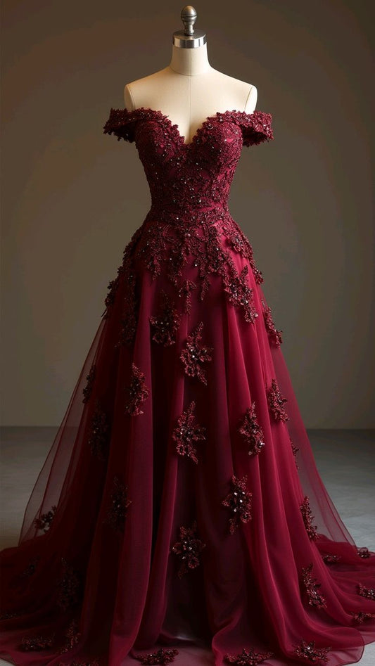 Gorgeous Red A-line Off-the-shoulder Tulle Beaded Long Prom Dress Formal Applique Evening Dress