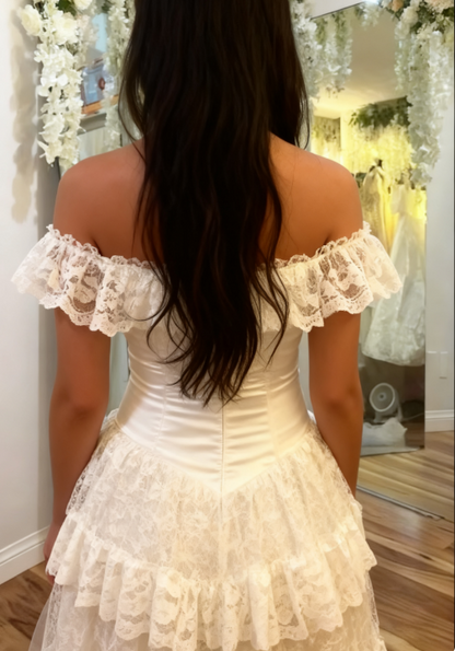 Elegant Ivory Off Shoulder Prom Dresses Tulle Lace A-line Wedding Dress
