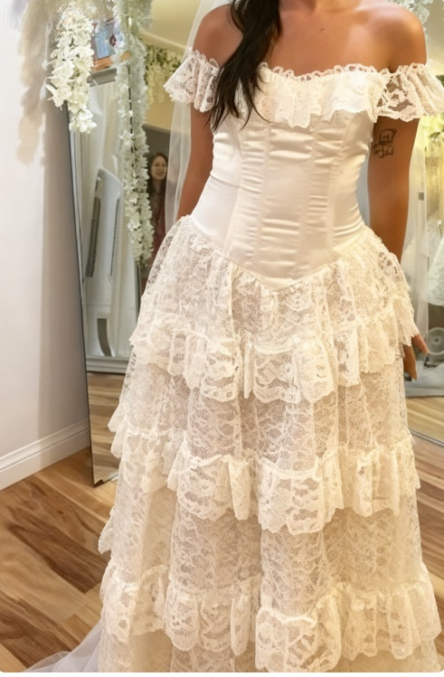 Elegant Ivory Off Shoulder Prom Dresses Tulle Lace A-line Wedding Dress
