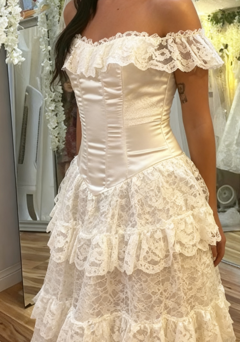 Elegant Ivory Off Shoulder Prom Dresses Tulle Lace A-line Wedding Dress