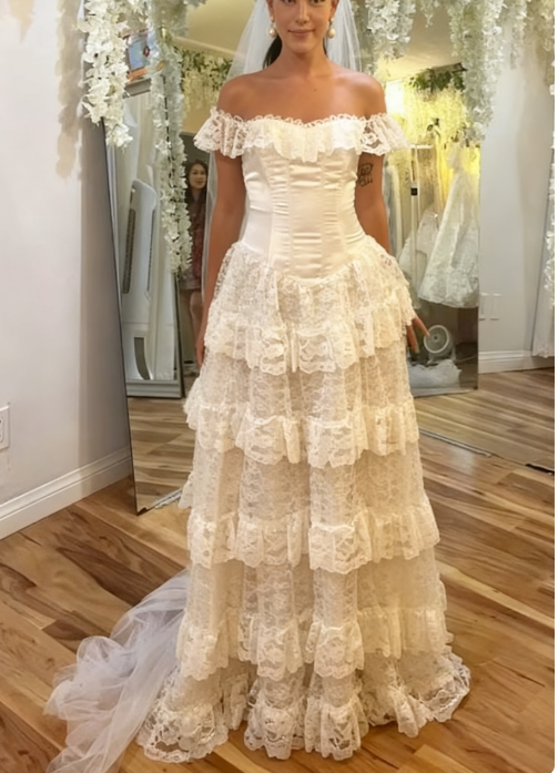 Elegant Ivory Off Shoulder Prom Dresses Tulle Lace A-line Wedding Dress