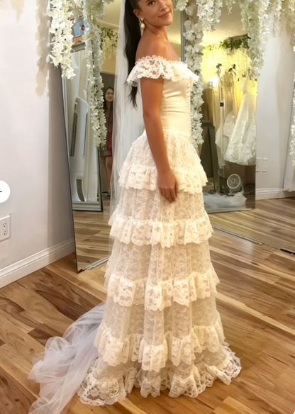 Elegant Ivory Off Shoulder Prom Dresses Tulle Lace A-line Wedding Dress
