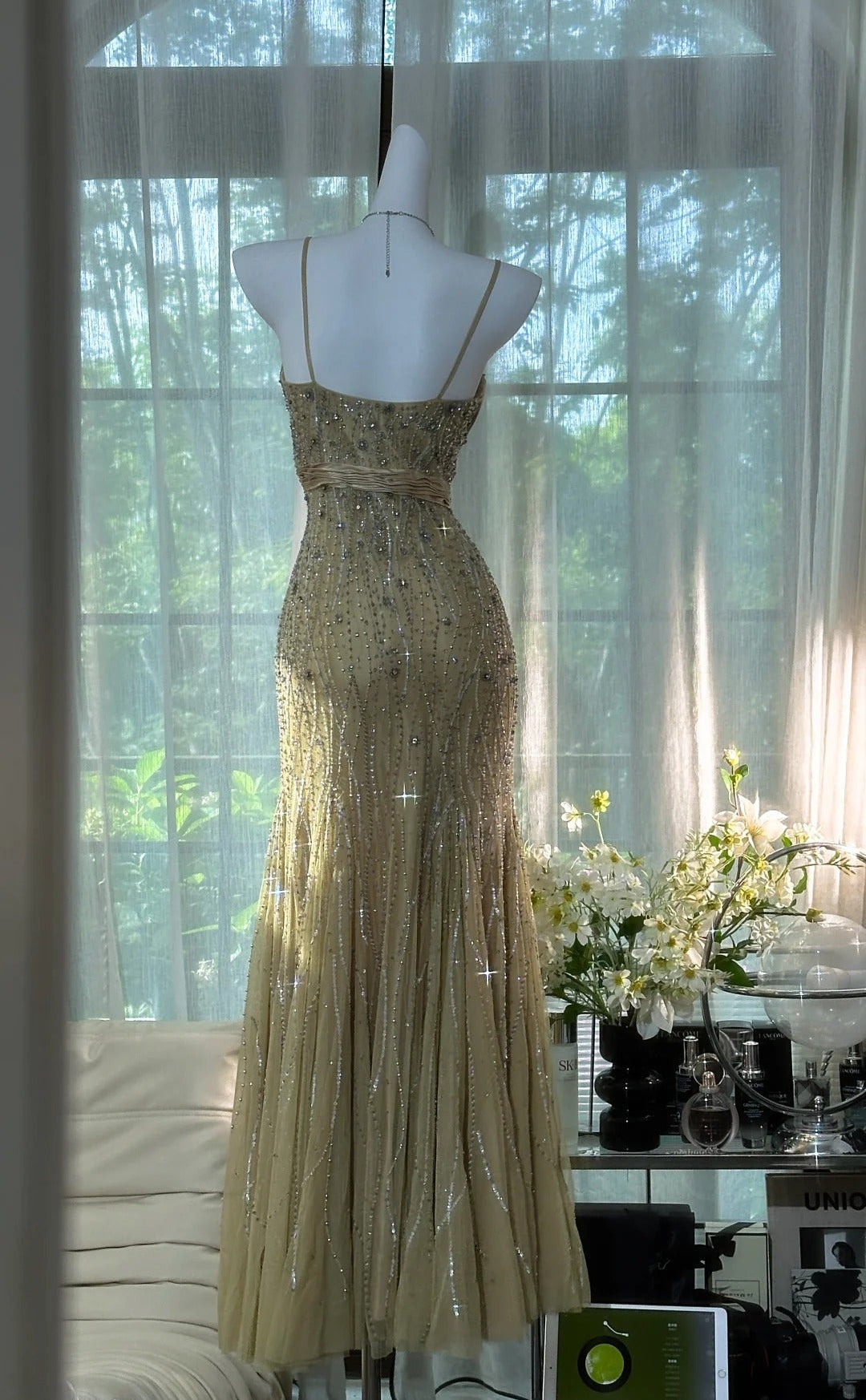 Olive Green Evening Dressses Vintage Spaghetti Straps Mermaid Tulle Beading Long Stunning Prom Dresses Elega
