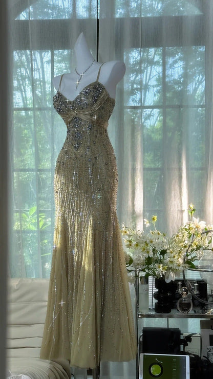 Olive Green Evening Dressses Vintage Spaghetti Straps Mermaid Tulle Beading Long Stunning Prom Dresses Elega