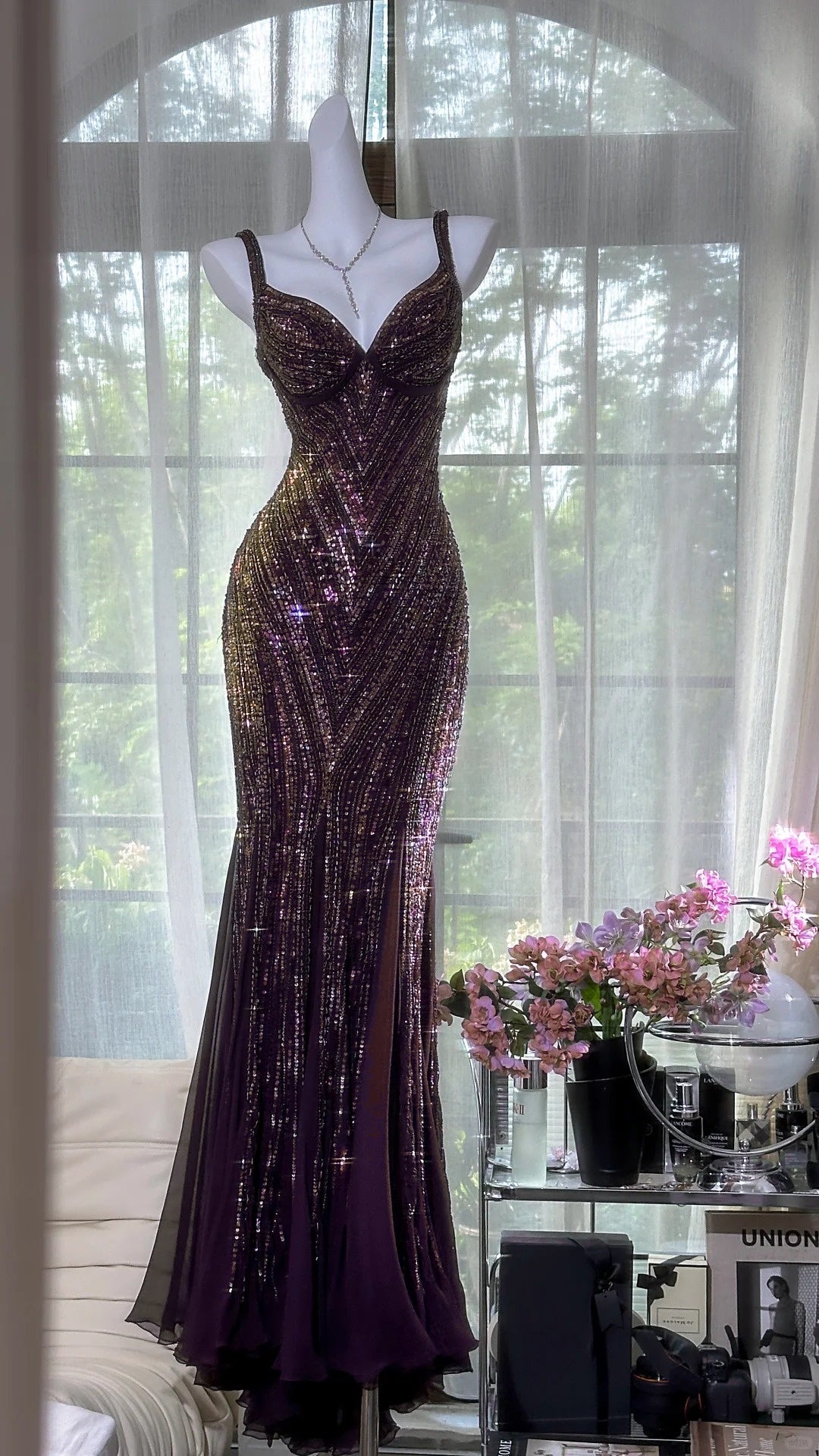 Glamour Dark Purple Guest Dresses V-Neck Mermaid Beaded Chiffon Long Stunning Prom Dresses, Formal Evening Dresses