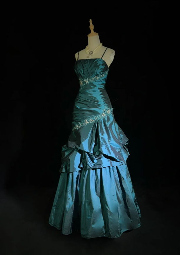 Fairy A-Line Teal Long Prom Dress, Spaghetti Straps Satin Beaded Formal  Dresses Teal Evening Dresses