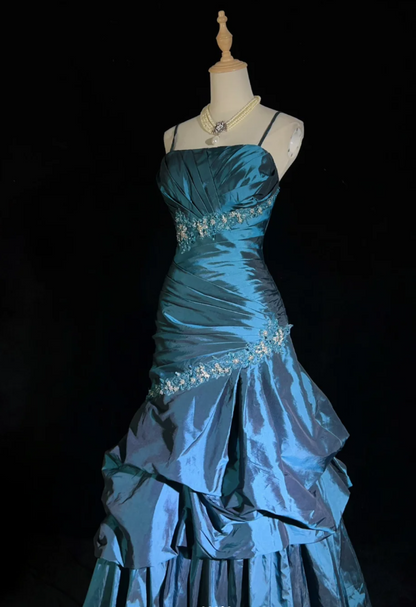 Fairy A-Line Teal Long Prom Dress, Spaghetti Straps Satin Beaded Formal  Dresses Teal Evening Dresses