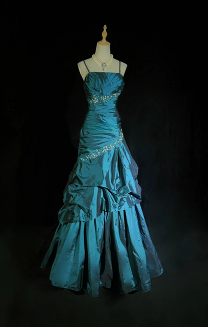 Fairy A-Line Teal Long Prom Dress, Spaghetti Straps Satin Beaded Formal  Dresses Teal Evening Dresses