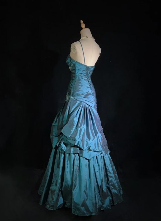Fairy A-Line Teal Long Prom Dress, Spaghetti Straps Satin Beaded Formal  Dresses Teal Evening Dresses