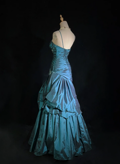 Fairy A-Line Teal Long Prom Dress, Spaghetti Straps Satin Beaded Formal  Dresses Teal Evening Dresses