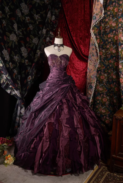 Cute Sweetheart A-Line Long Prom Dresses Satin Grape Quinceanera Dresses Sleeveless Sweet 16 Dress