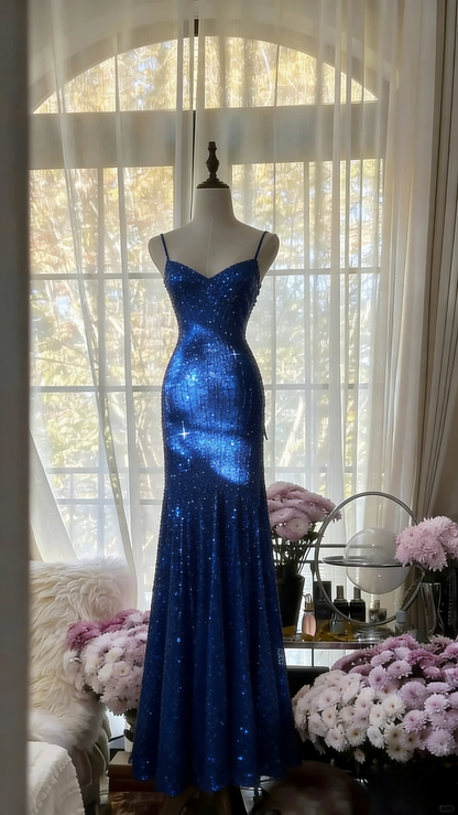 Chic Pink Long Prom Dresses Spaghetti Straps Sheath Evening Dresses Sequins Tulle Sleeveless Party Dresses