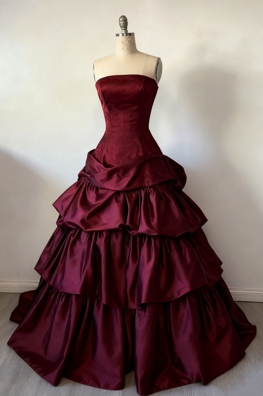 Gorgeous A-Line Burgundy Prom Dress Satin Strapless  Long Evening Dress Sleeveless Birthday Dress