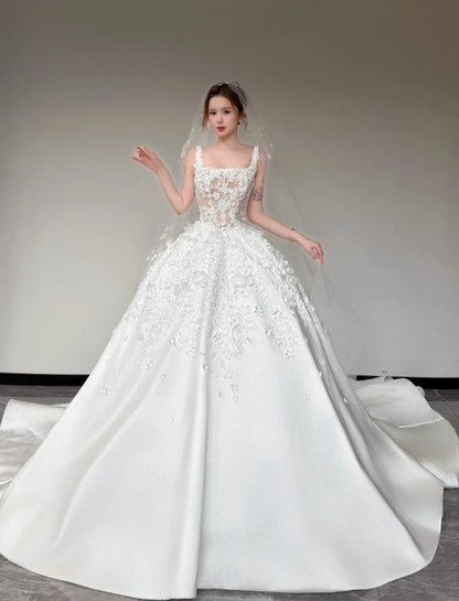 Timeless White Wedding Dress Satin Appliques A-Line Bridal Gown Sleeveless Bridal Dresss